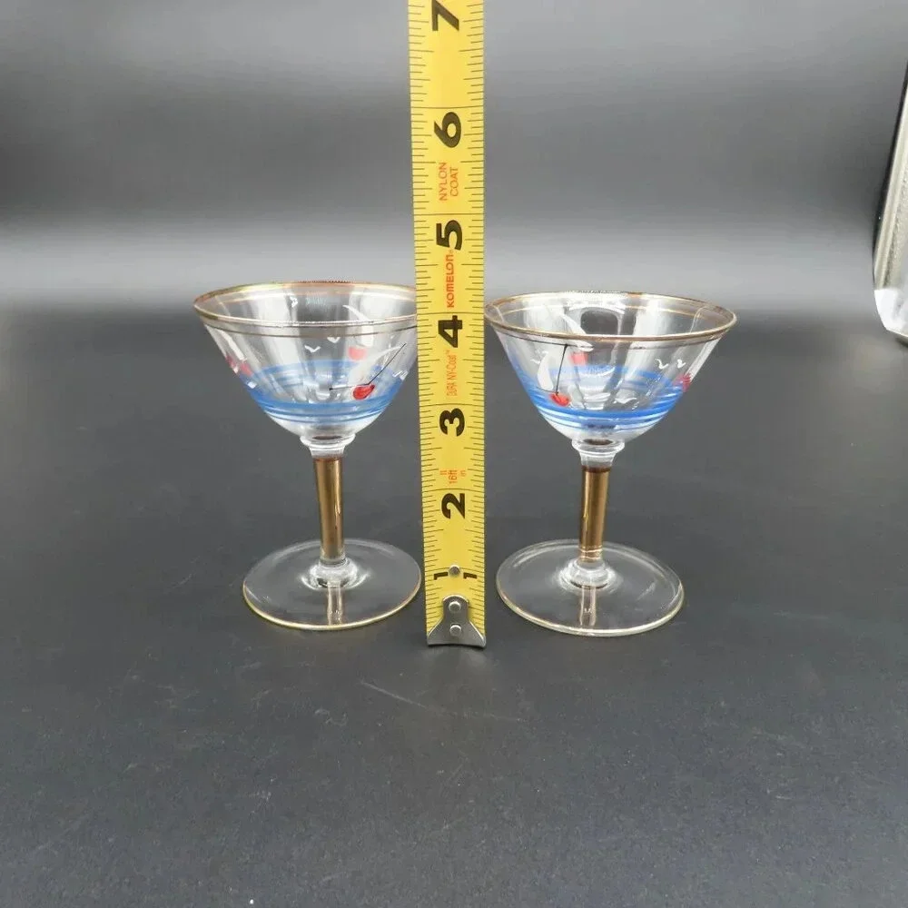 Hand painted Vintage Glass Martini Cocktail Set Italian Sailboats Gold Trim